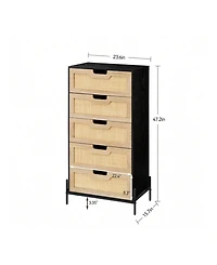 Modern Rattan 5 Drawers Dresser, Double Dresser For Bedroom