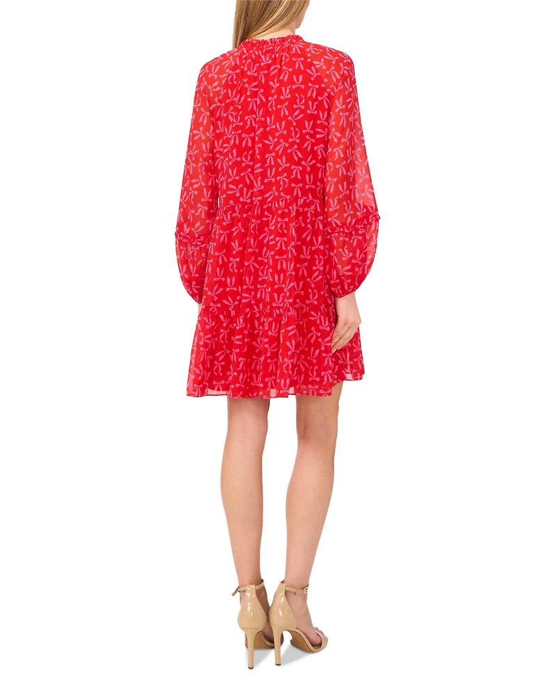 CeCe Women's Bow-Print Babydoll Long-Sleeve Dress