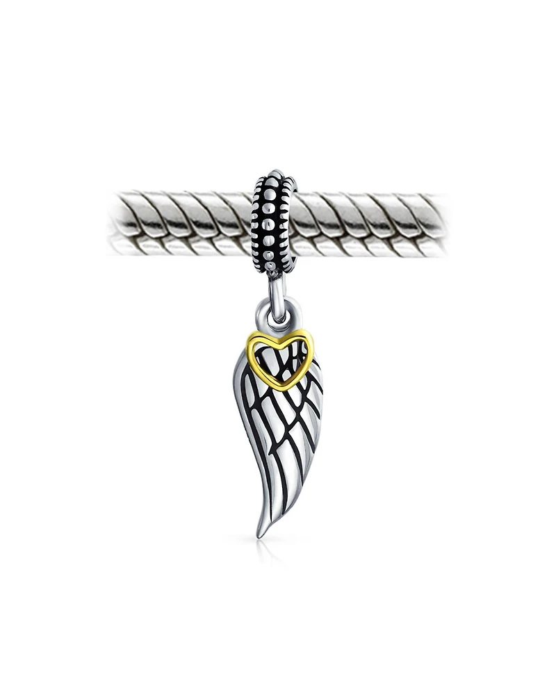 Bling Jewelry Two Tone Heart Dangle Charm Bead with Angel Wing Feather Bracelet