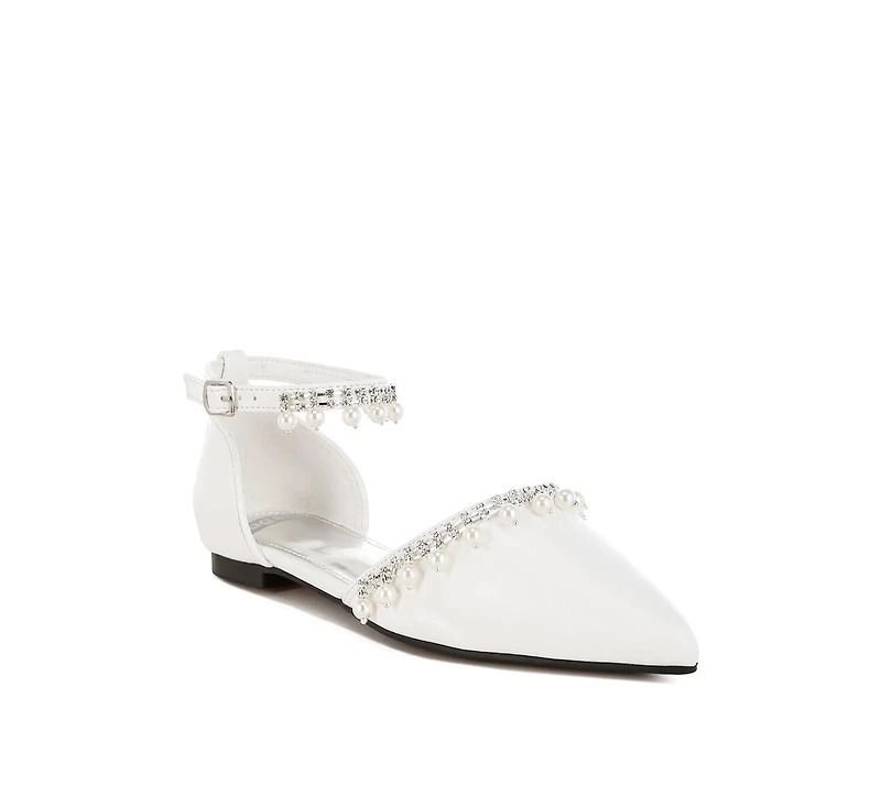 Aouva Rhinestone & Pearl Ankle Strap Flat Sandals