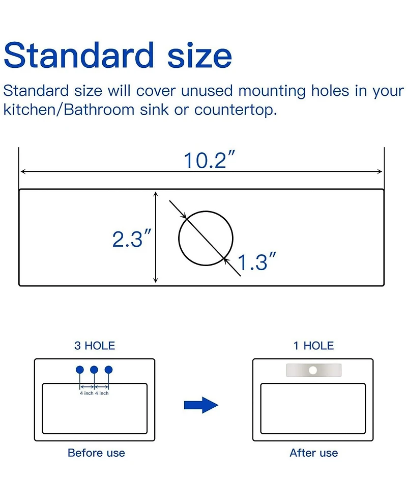 Sink Hole Cover Matte Black 10 Inch 1 or 3 Hole Long Rectangle Cover Deck Plate Faucet Escutcheon for Bathroom or Kitchen Vanity Sink Faucet Stainless