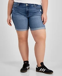 Celebrity Pink Trendy Plus Distressed Rolled-Cuff Denim Shorts