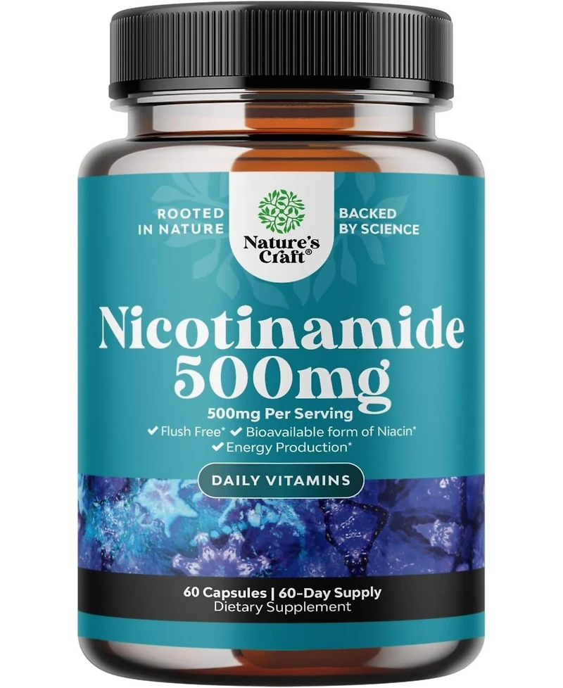 Nature's Craft Vitamin B3 Niacinamide 500mg Capsules, Mitochondrial Energy & Potent Skin Supplement, Flush Free Niacin Supplement, Nature's Craft, 60c