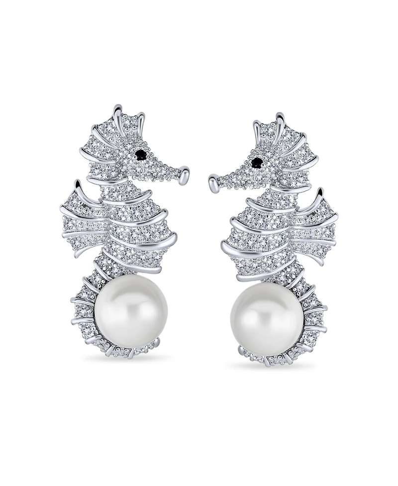 Bling Jewelry Nautical Cubic Zirconia Cz White Simulated Pearl Seahorse Earrings Brass