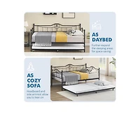gaomon Twin Daybed with Trundle, Modern Pull Out Day Bed Frame with Vintage Headboard, Metal Daybed with Sturdy Slat Support, Easy Assemble, for Small