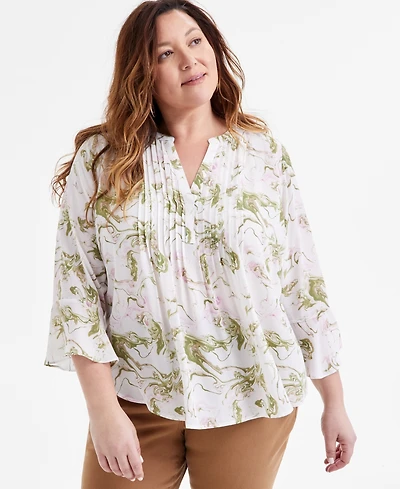 Style & Co Plus Printed Pintuck Blouse, Exclusively at Macy's
