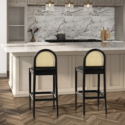 30.5" Curved Back Rattan Bar Stool, Set of 2,Upholstered Chairs Ivory White Fabric-The Pop Home