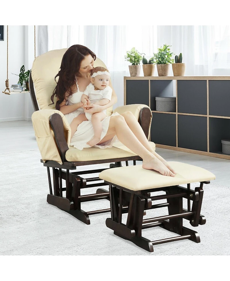 Gouun Wood Glider and Ottoman Set with Padded Armrests and Detachable Cushion
