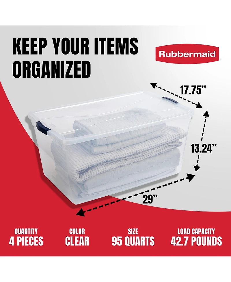 Rubbermaid Cleverstore 95 Quart Clear Plastic Storage Container & Lid, (4 Pack)
