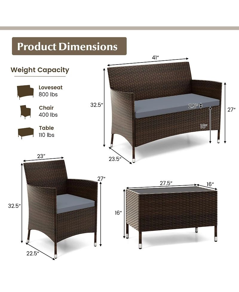 Gouun 4 Pieces Comfortable Outdoor Rattan Sofa Set with Glass Table