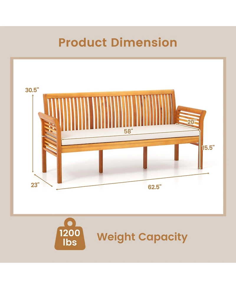 Gouun 62.5 Inches Patio 3-Seat Wood Bench with Soft Seat Cushions