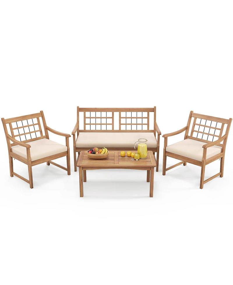 4 Piece Wood Patio Furniture with Armchairs Loveseat and Table-Off