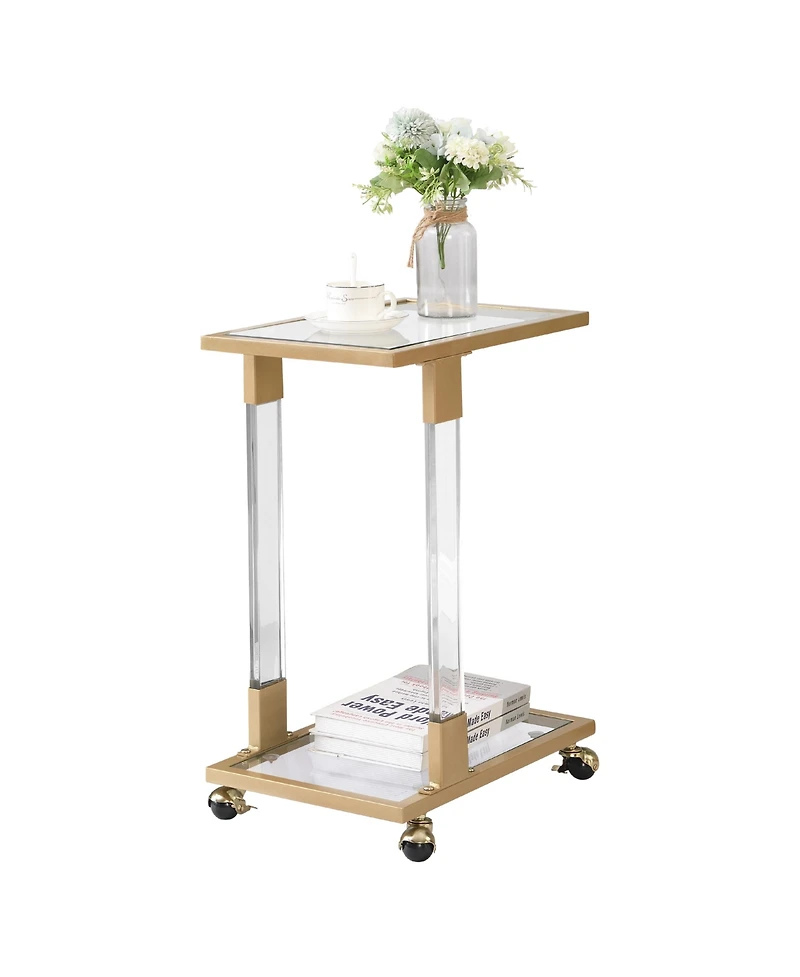 Lovmor 17.72"Golden Side Table, Acrylic Sofa Table, Glass Top C Shape Square Table with Metal Base for Living Room, Bedroom, Balcony Home and Office