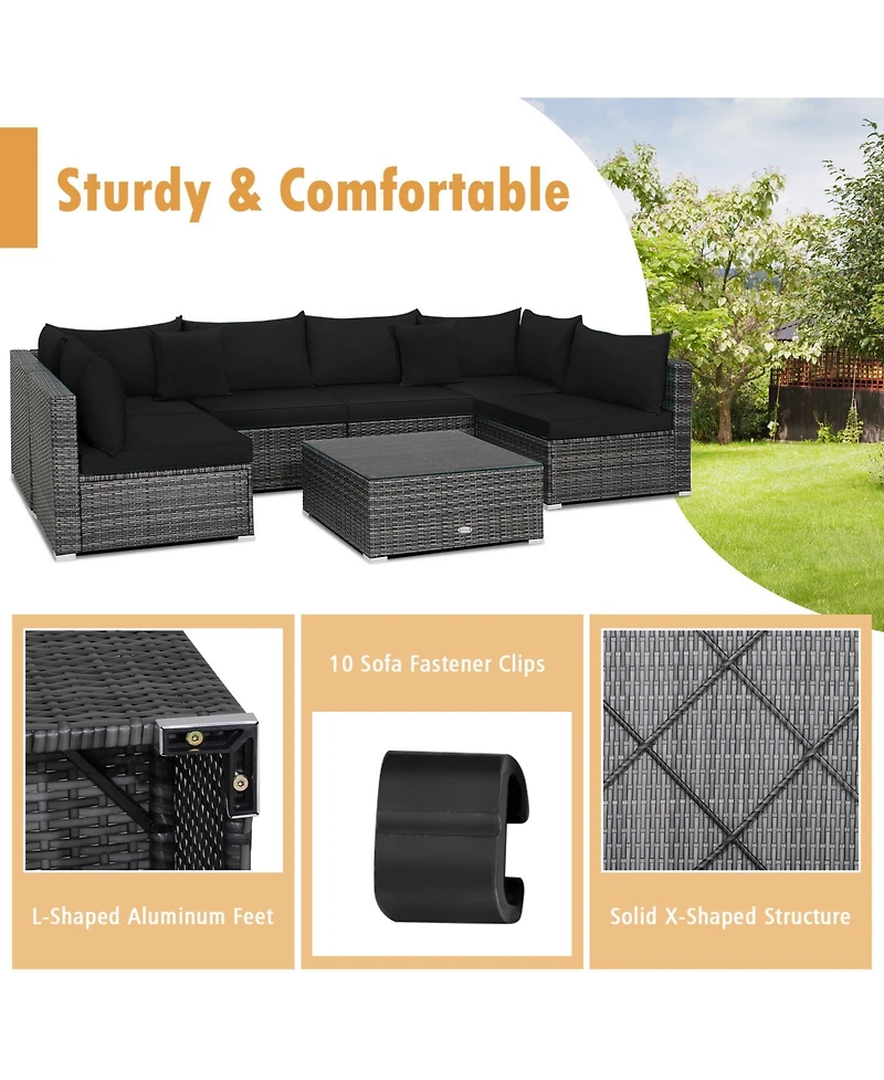 7 Pieces Patio Rattan Furniture Set with Sectional Sofa Cushioned
