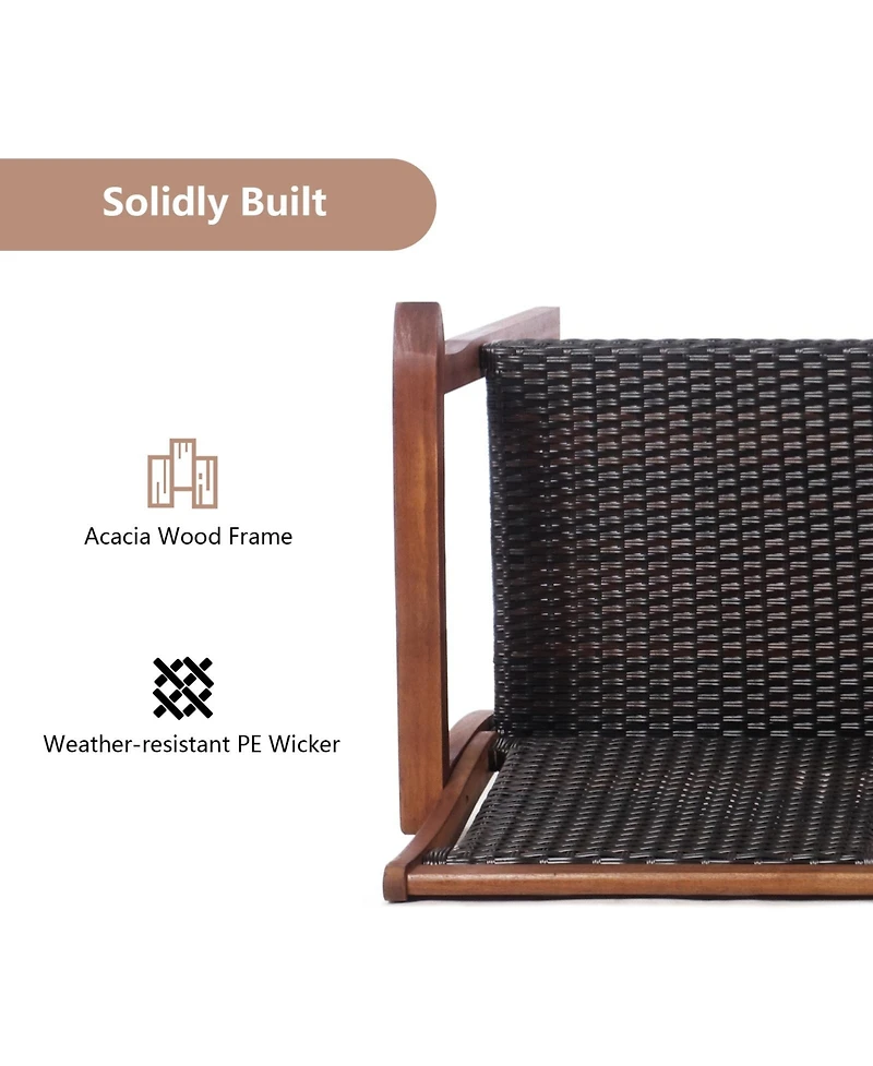 2-Seat Patio Rattan Acacia Wood Chair with Table