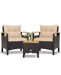 Patio Wicker Loveseat Sofa with Multipurpose Ottoman and Retractable Side Tray