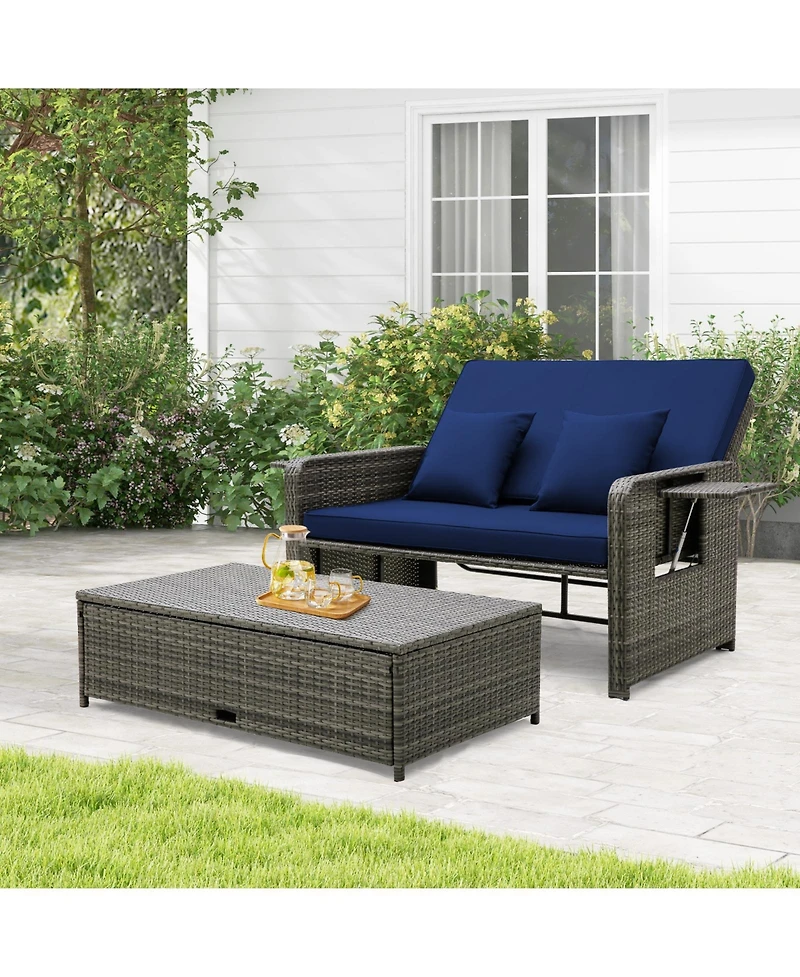 Patio Wicker Loveseat Sofa with Multipurpose Ottoman and Retractable Side Tray