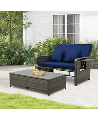 Patio Wicker Loveseat Sofa with Multipurpose Ottoman and Retractable Side Tray