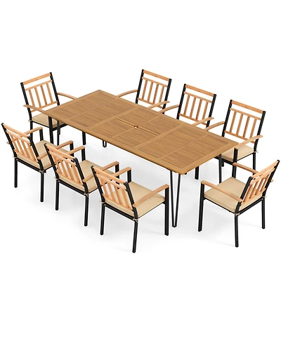 9 Pieces Patio Dining Outdoor Furniture Set with 8 Chairs and Umbrella Hole