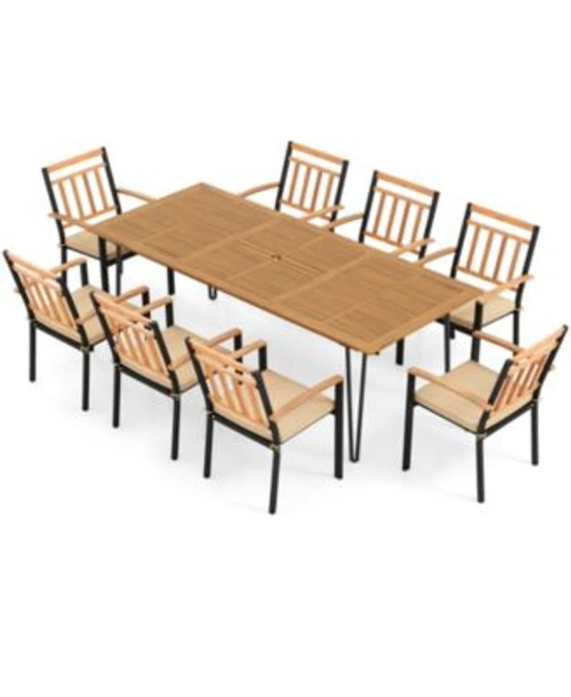 9 Pieces Patio Dining Outdoor Furniture Set With 8 Chairs Umbrella Hole