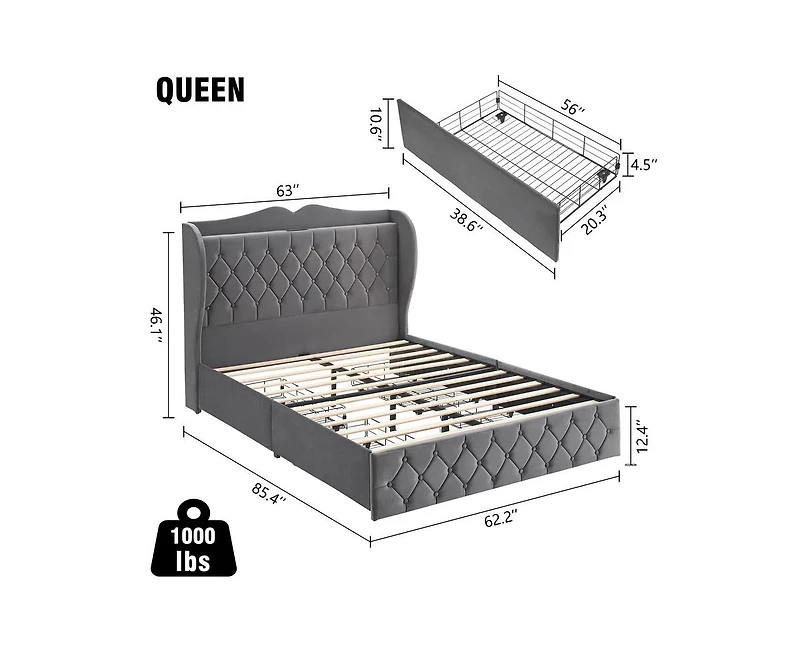 gaomon Queen Size Bed Frame with Charging Station and 4 Storage Drawers Upholstered Tall Tufted Headboard and Storage Shelf