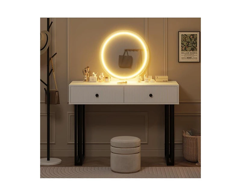 gaomon Vanity Desk with Mirror and Lights, Small Makeup Vanity with 2 Drawers, Modern Vanity Organizer with 3 Color Lights Adjustable Brightness