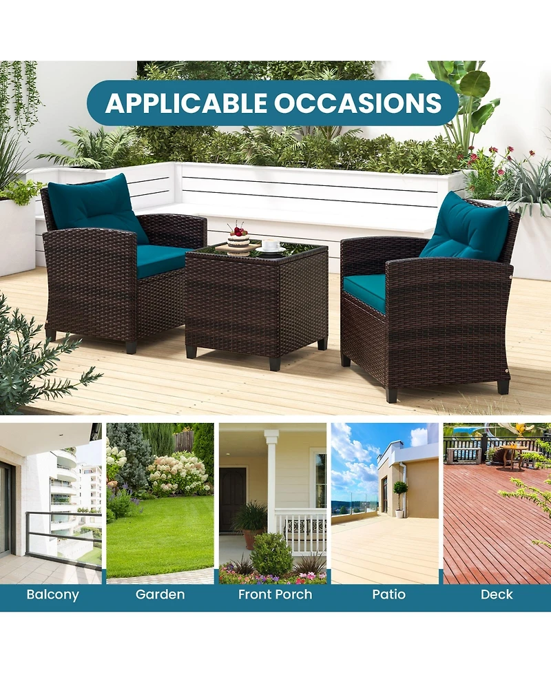 Gouun 3 Pieces Rattan Patio Furniture Set with Washable Cushion-Peacock