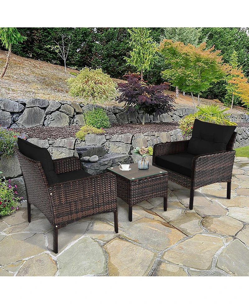 Gouun 3 Pcs Outdoor Patio Rattan Conversation Set with Seat Cushions