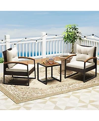 Gouun 3 Piece Patio Conversation Set with Solid Acacia Wood Armrests and Tabletop