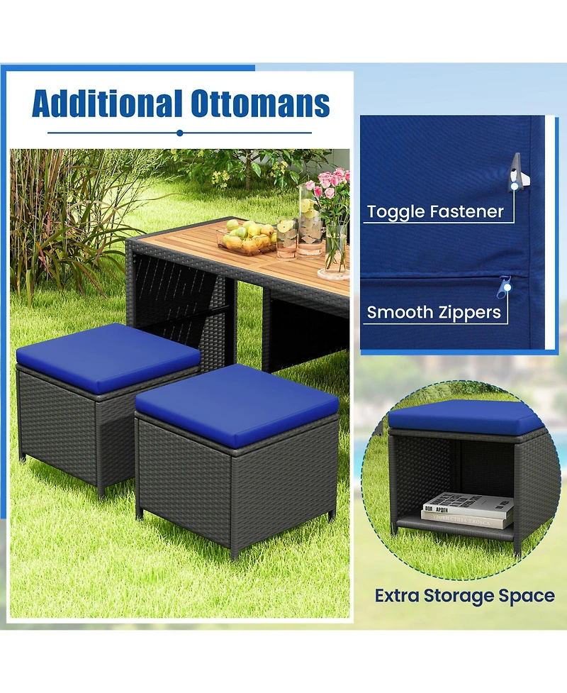 Gouun 4 Piece Outdoor Dining Set with Wood Topped Dining Table Rattan Loveseat Chair and 2 Ottomans