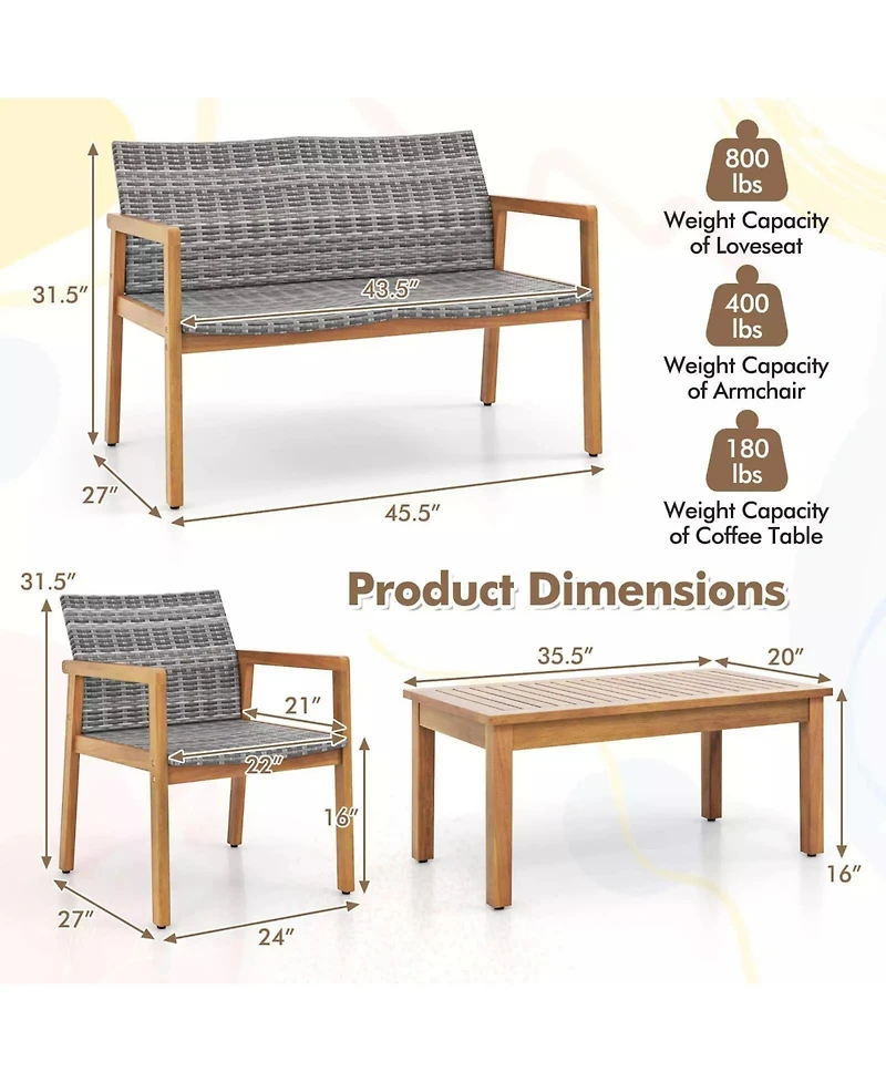Gouun 4-Piece Patio Furniture Set with Loveseat Single Chairs and Table