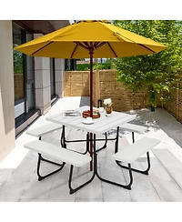 Outdoor Picnic Table with 4 Benches and Umbrella Hole