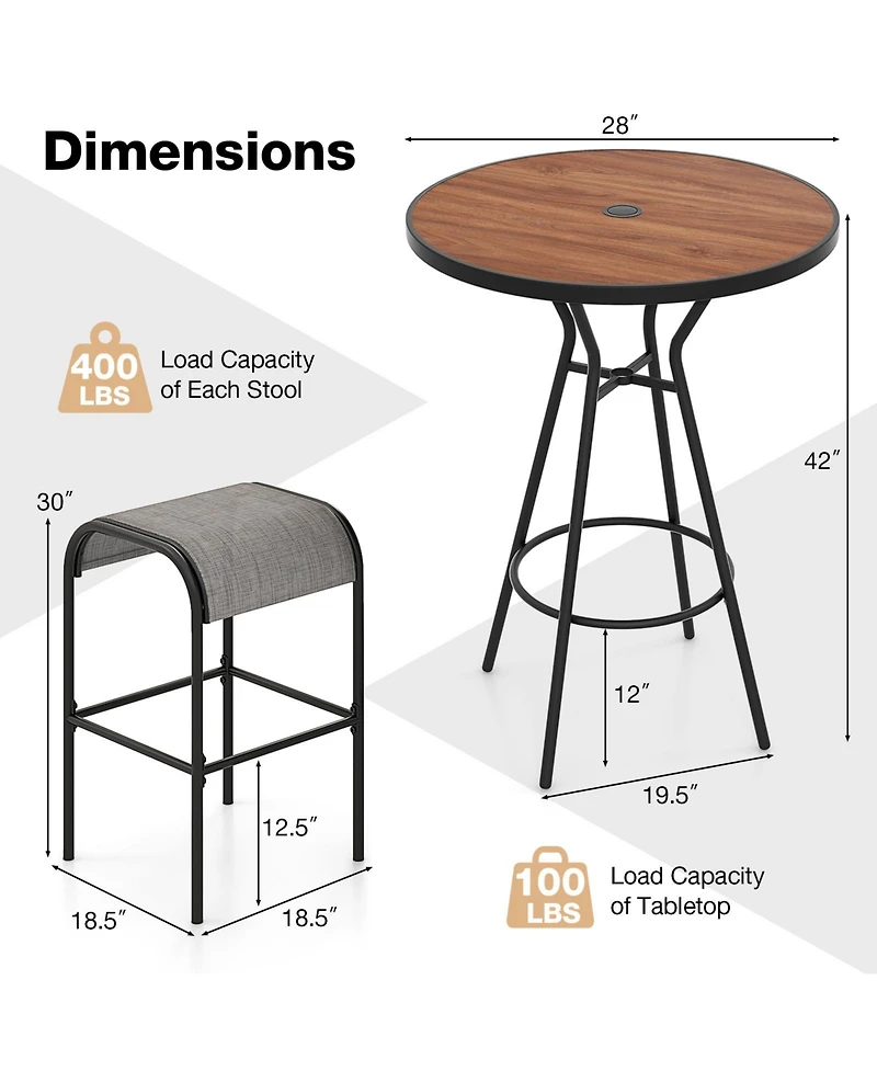 3 Pieces Outdoor Round Bar Table Set with 1.6 Inches Umbrella Hole
