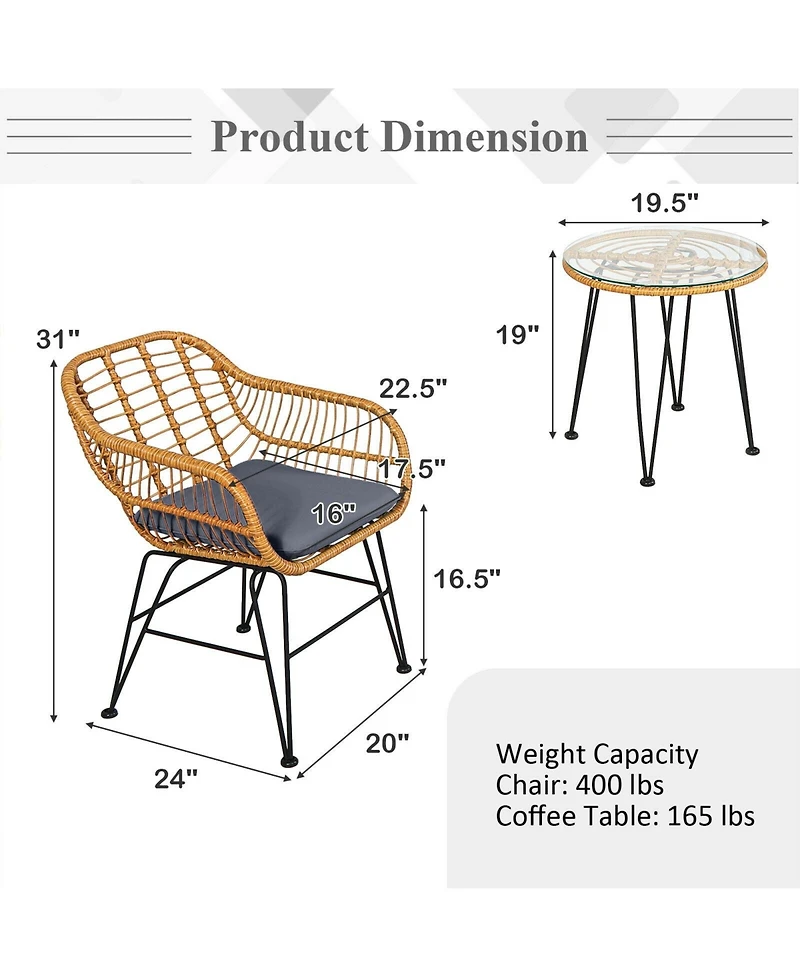 Gouun 3 Pieces Rattan Furniture Set with Cushioned Chair Table