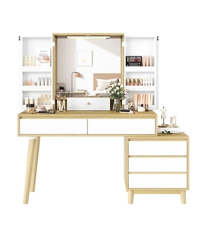 gaomon Makeup Vanity Dressing Table with Open Shelves & Large Mirror & 6 Storage Drawers