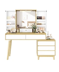 gaomon Makeup Vanity Dressing Table with Open Shelves & Large Mirror & 6 Storage Drawers