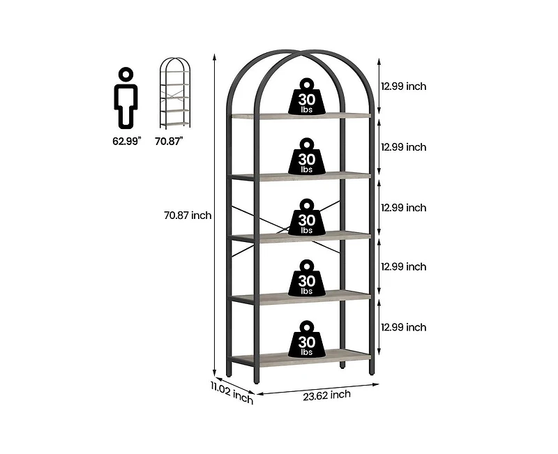 gaomon Bookshelf 5 Tier Bookcase Arched Display Racks Tall Standing Bookshelves Metal Frame Farmhouse Storage Rack Shelf Grey Book Shelf for Bedroom
