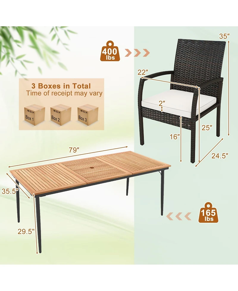 9-Piece Patio Dining Set with Umbrella Hole and 8 Rattan-woven Dining Chairs with Seat Cushions