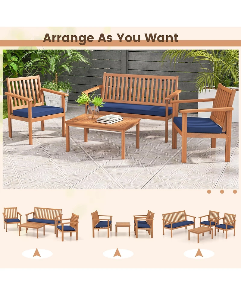 Gouun 4 Piece Patio Wood Furniture Set Acacia Wood Sofa Set with Loveseat