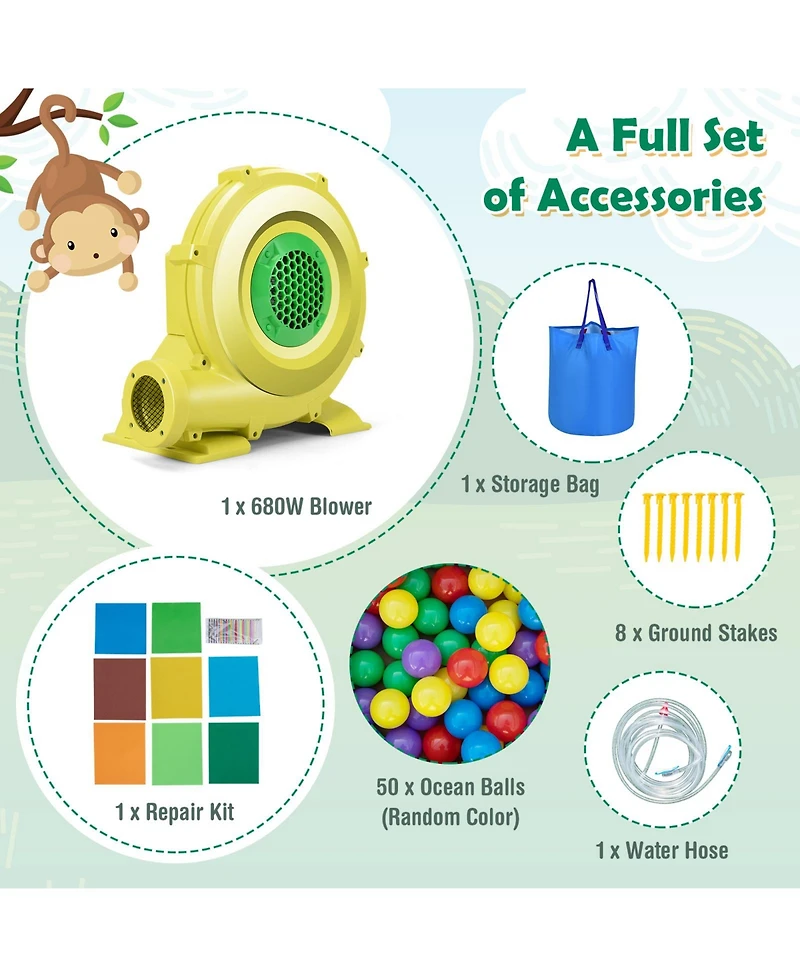 Monkey-Themed Inflatable Water Slide with Jumping Area and Pool with 680W Blower