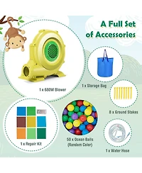 Monkey-Themed Inflatable Water Slide with Jumping Area and Pool with 680W Blower