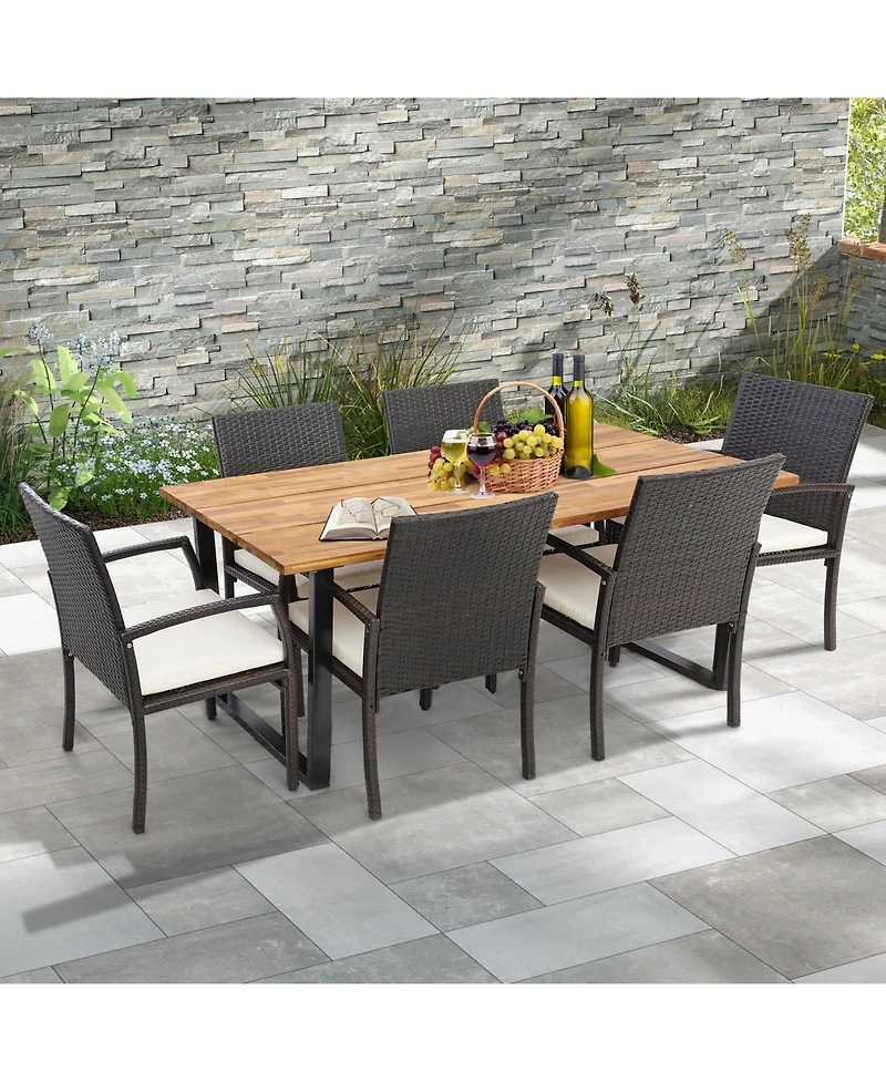 7 Pieces Patio Rattan Dining Set with Umbrella Hole-l-shaped Handrail