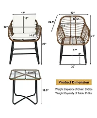 3 Pieces Patio Rattan Bistro Set Cushioned Chair Glass Table Deck