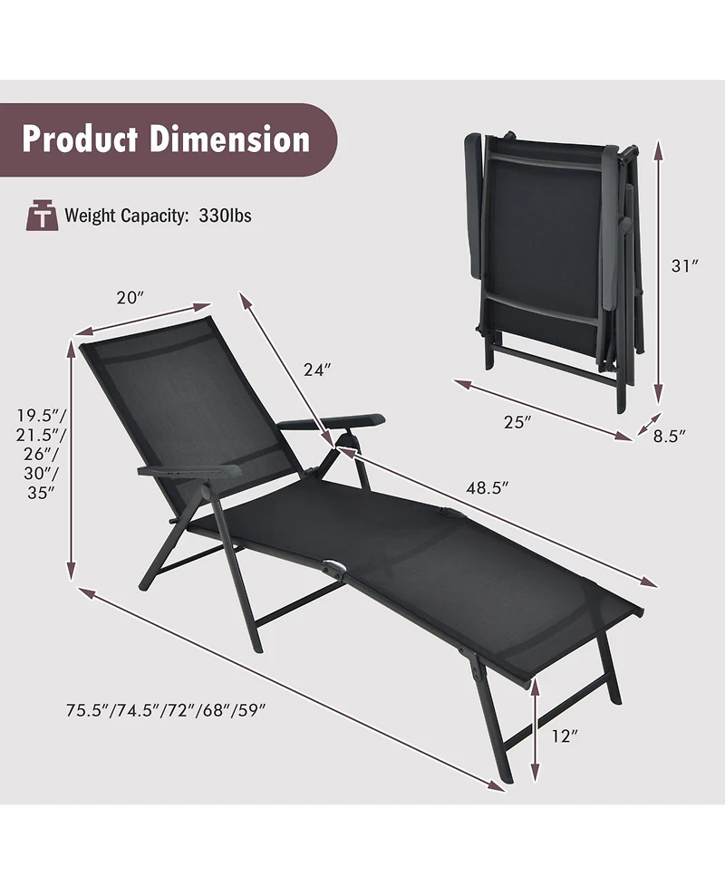 Gouun Patio Foldable Chaise Lounge Chair with Backrest and Footrest