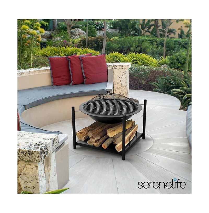 SereneLife 26-Inch Steel Outdoor Fire Pit with Mesh Spark Screen and Cooking Grill