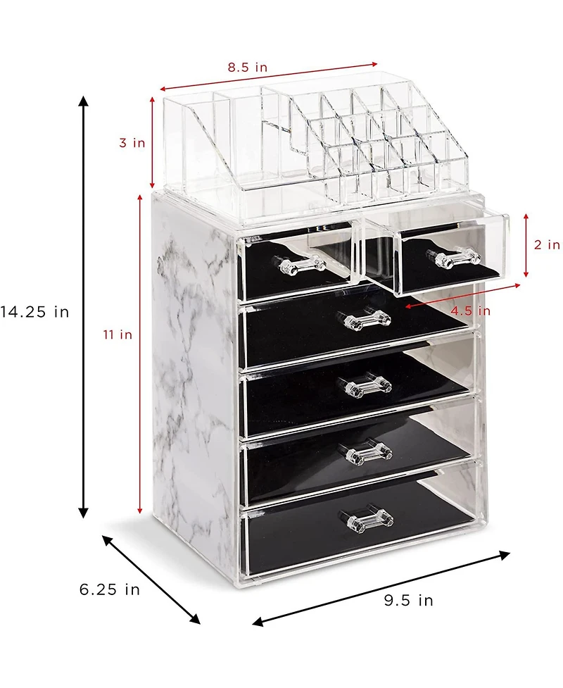 Sorbus 2 Piece Acrylic Makeup and Jewelry Storage Organizer Case (6 Drawers and Lipstick Tray
