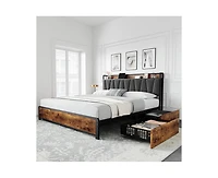gaomon King Size Bed Frame with Storage Linen Upholstered Headboard, 4 Drawers Platform Bed Frame with Charging Station, No Box Spring Needed