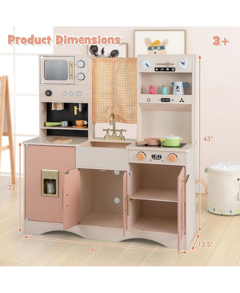 Gymax Kids Play Kitchen Pretend Playset w/ 2 Curtains & 16 Pcs Play Accessories Pink
