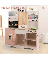 Gymax Kids Play Kitchen Pretend Playset w/ 2 Curtains & 16 Pcs Play Accessories Pink