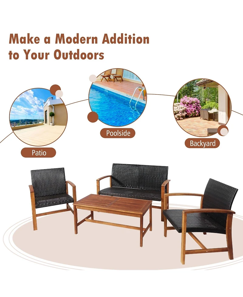 4 Pieces Pe Rattan Patio Furniture Set with Solid Acacia Wood